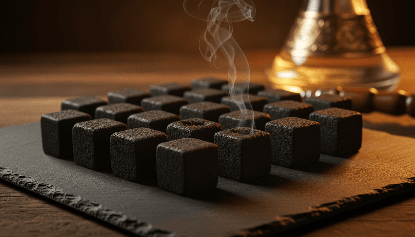 Bioak Gold Shisha Cubes displaying rich dark color with perfect cube shape