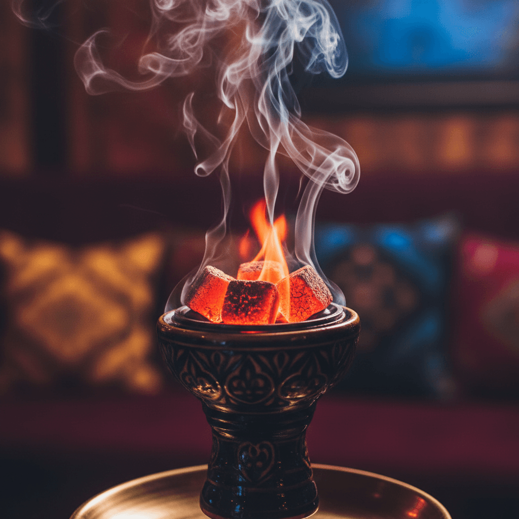 hookah charcoal burning in shisha bowl with vibrant glowing coals and clean smoke