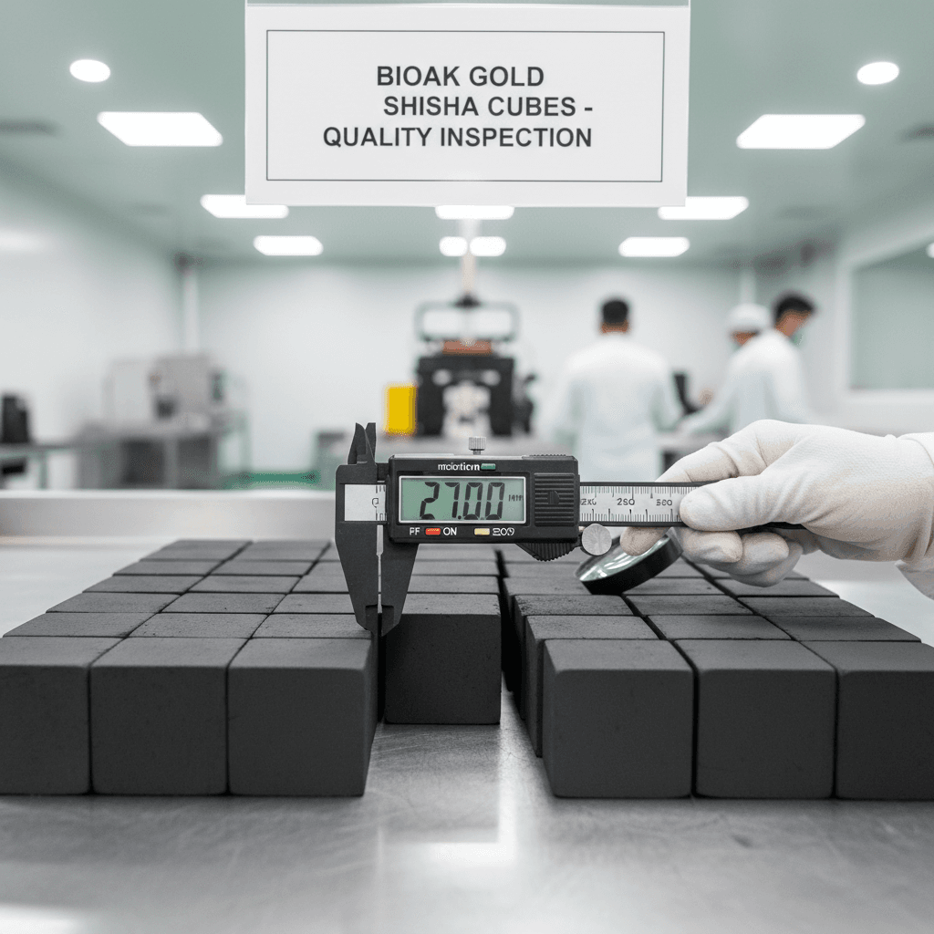 Uniform Bioak Gold Shisha Cubes undergoing quality control inspection in a well-lit setting