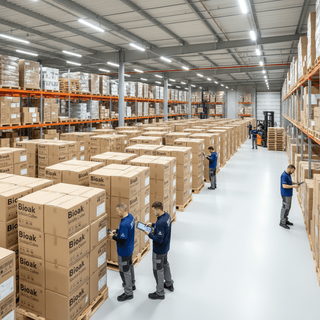 Warehouse staff in Enschede managing inventory with Euro pallets ready for shipment.