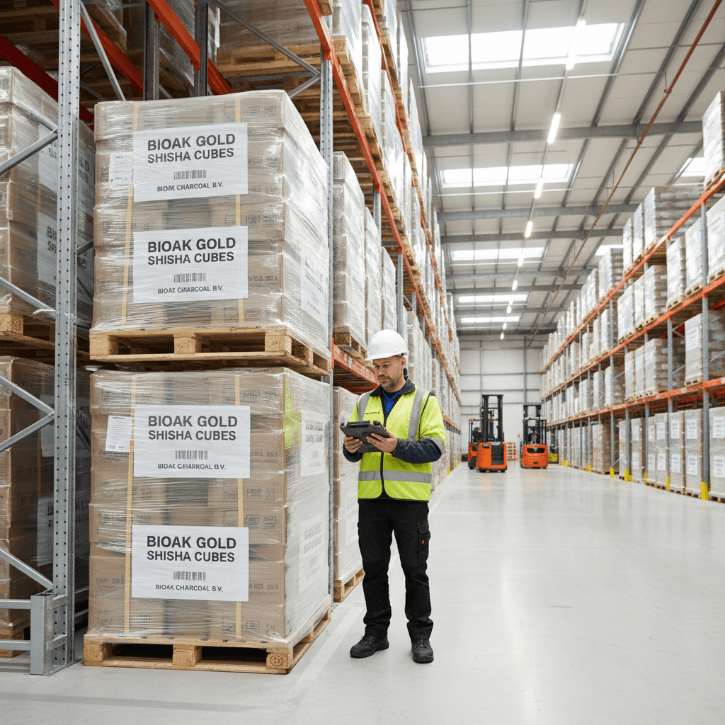 Logistics worker checking inventory on tablet in modern warehouse with Euro Pallets