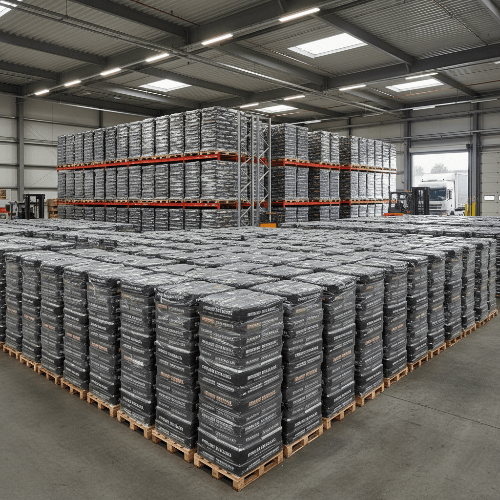 Bulk Euro Pallet shipment of charcoal packages in modern warehouse with organized stacking