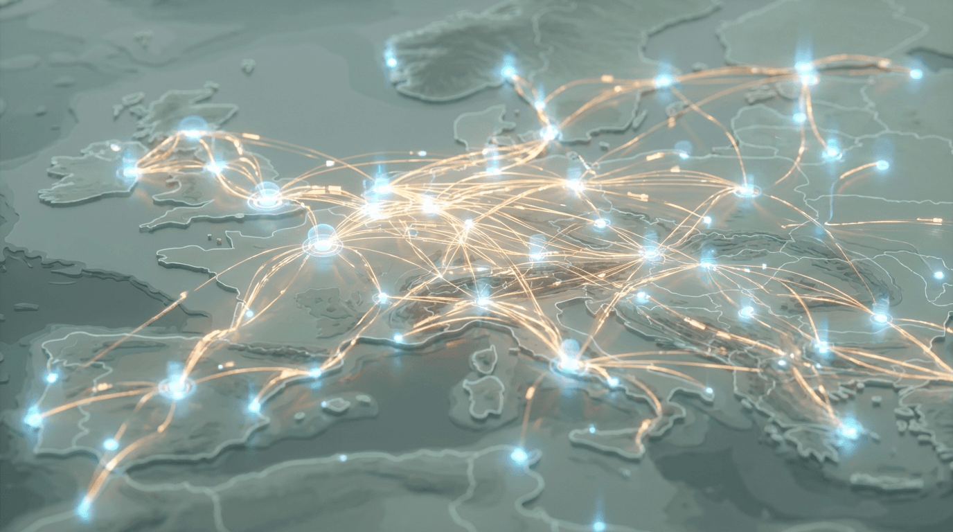 European map with logistics routes and distribution network highlighted in blue