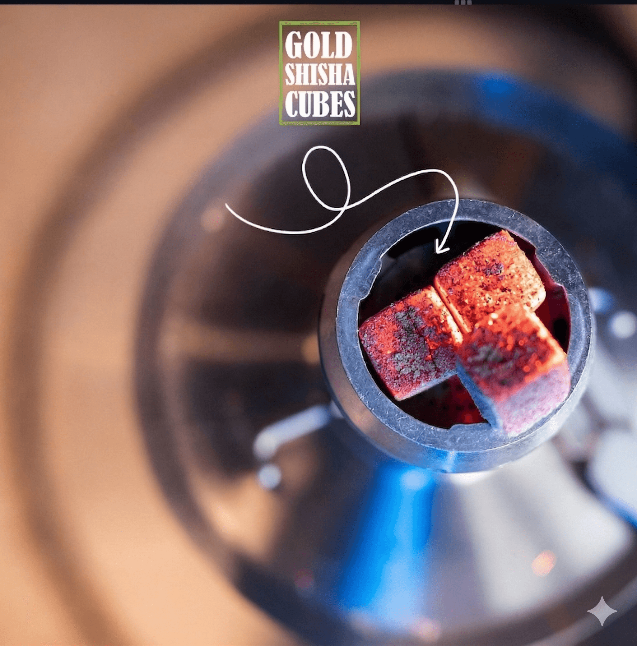 Glowing red charcoal cubes inside a metal shisha bowl with Gold Shisha Cubes logo.
