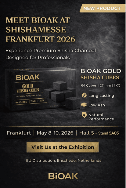 Promotional poster for Bioak Gold Shisha Cubes at Shishamesse Frankfurt 2026, showcasing premium natural charcoal.