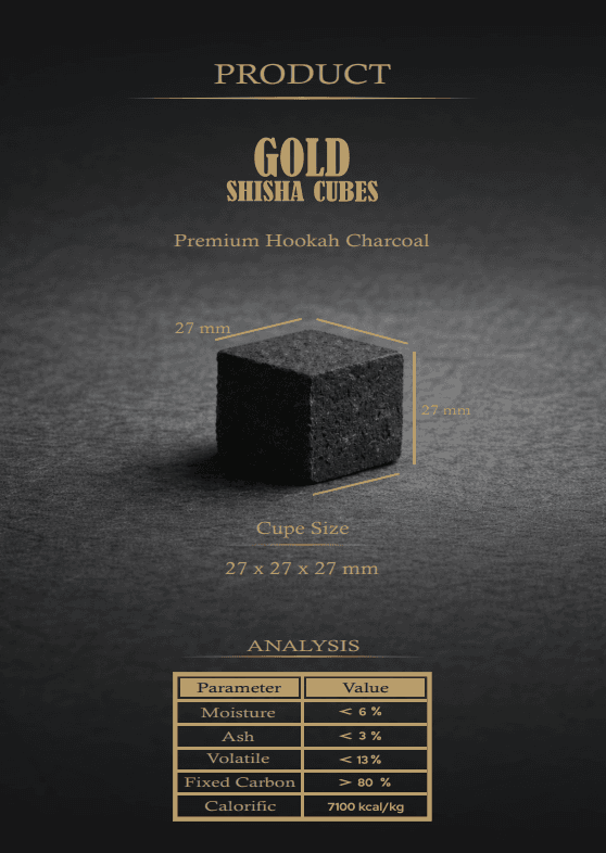 Gold Shisha Cubes premium hookah charcoal 27mm cube with a technical analysis table.