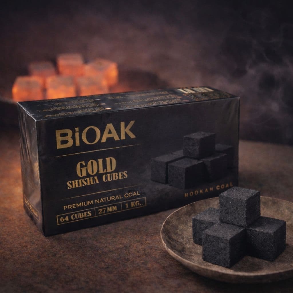 BiOAK Gold Shisha Cubes box with black charcoal cubes and glowing coals in background.