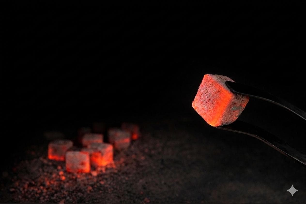 Metal tongs holding a glowing red charcoal cube against a dark background with scattered coals.